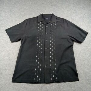 Nat Nast Shirt Mens Medium Black Silk Embroidered Button Front Short Sleeve